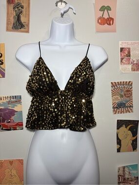 Black Gold Sequin V-Neck Spaghetti Strap Camisole